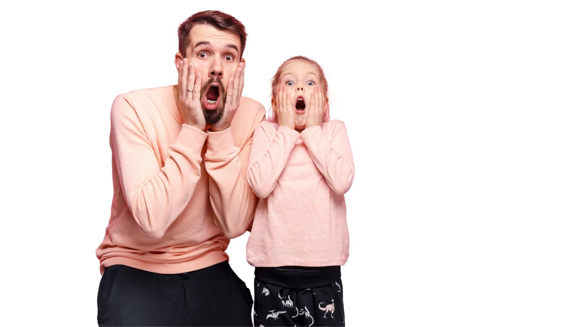dad and daughter looking surprised on transparent background